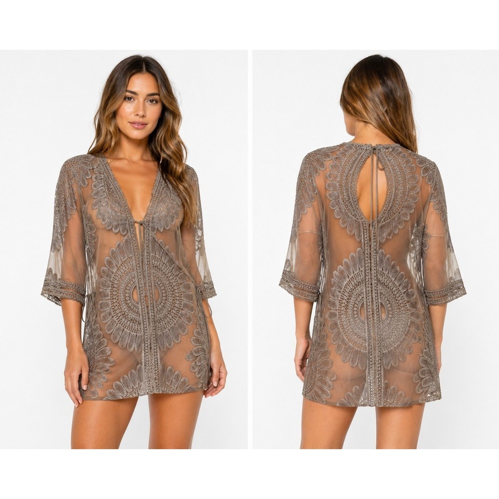 Simply Couture Sheer Lace Tunic Top Boho Crochet Cover Up Women M